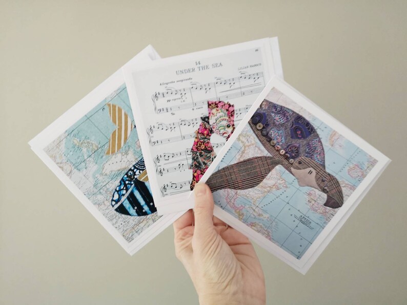 Three sea animal themed any occasion cards blank inside for your own message whale, seahorse and turtle 画像 9