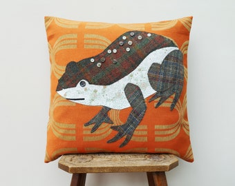 Frog cushion cover - made with appliqué using a variety of vintage and recycled fabrics.