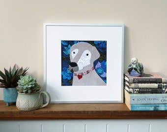 Dog Art Print, small square print of an original textile collage, great for kids bedrooms or gallery walls