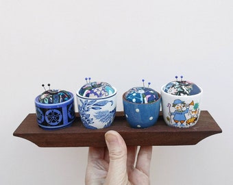 Pin cushion set made in a selection of blue and white vintage eggcups, including Hornsea Pottery and Devonware. A lovely gift for sewers
