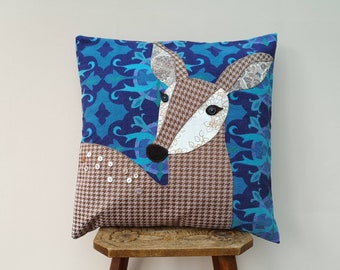 Bambi cushion cover made using appliqué with vintage fabrics