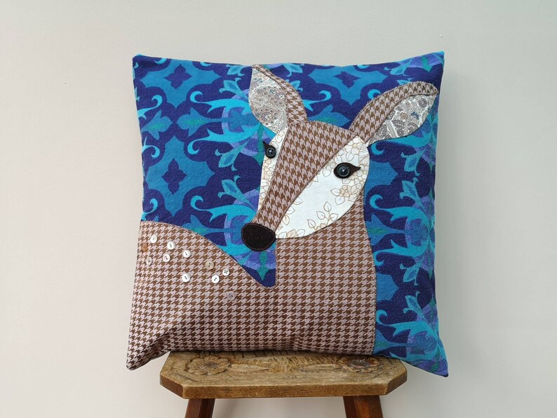 Bambi cushion cover made using appliqué with vintage fabrics image 1