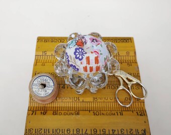 Pin cushion made from an upcycled vintage glass candle holder, sustainable gift for sewers, upcycled sewing notions