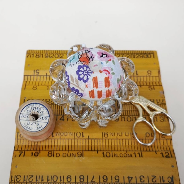 Pin cushion made from an upcycled vintage glass candle holder, sustainable gift for sewers, upcycled sewing notions