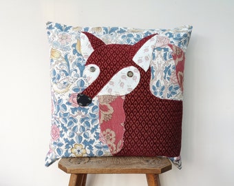 Fox cushion cover, appliqué fox, sustainably made using vintage fabric, perfect for a colourful home.