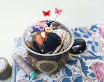 Pin cushion made in a re-purposed Denby Arabesque tea cup - multicoloured version