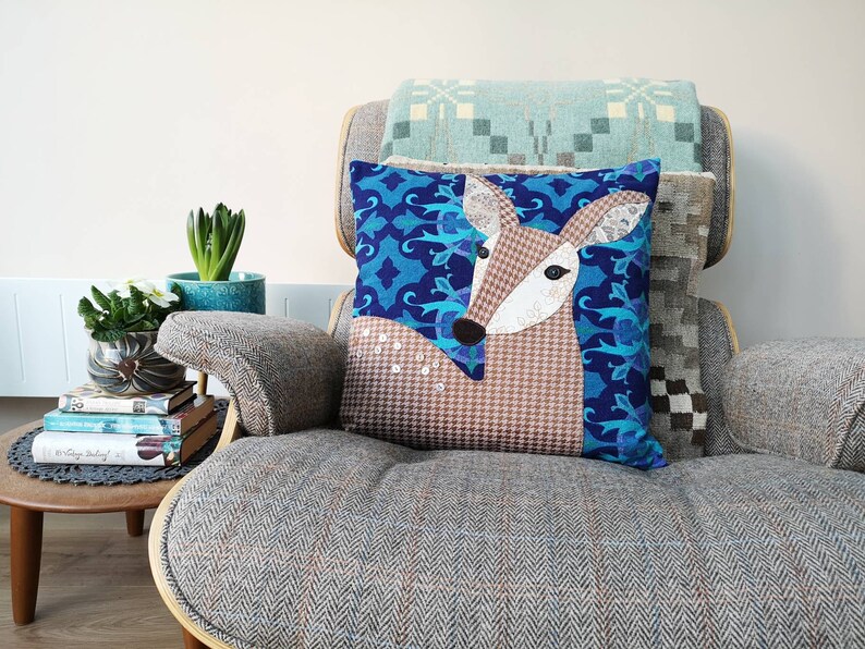 Bambi cushion cover made using appliqué with vintage fabrics image 4