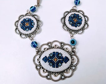 Statement Filigree Blue Flower Embroidered Necklace Blue Flower Pendant Romantic Style Collar Girlfriend Gift Valentine's Day Blue Jewelry