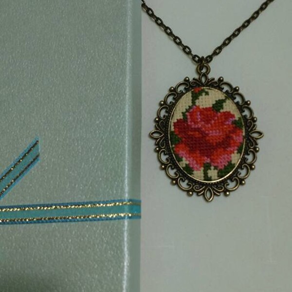 Red Rose Embroidered Necklace Red Jewelry Pendant Cross Stitch Micro Embroidery Romantic Accessory Girlfriend Gift Needlepoint Embroidery