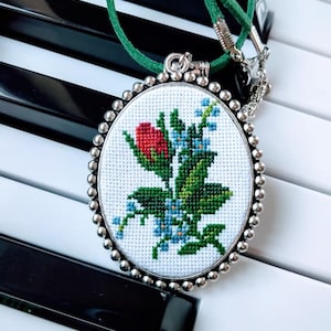 Medallion; gift for her;necklace; pendant;cross stitch embroidery,micro embroidery,wedding jewelry,flowers, Valentine&#39;s Day, anniversary