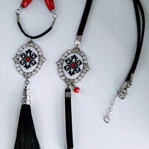 Red and Black micro Embroidery Bracelet and Necklace Set Embroidered Cross Stitch Jewelry Set Romantic Accessory Girlfriend Gift Silver Set