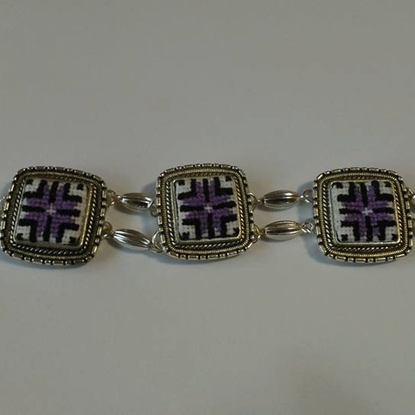Cross Stitch Embroidered Bracelet Violet Bracelet Romanian Folk Style Mini Hand Stitch Embroidery Mother's day Gift Square Model