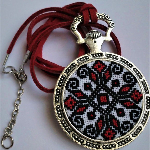 Black&red medallion; Romanian pattern cross stitches; pendant; gift idea; Valentine's Day, wedding accessories, necklace,handcraft jewelry