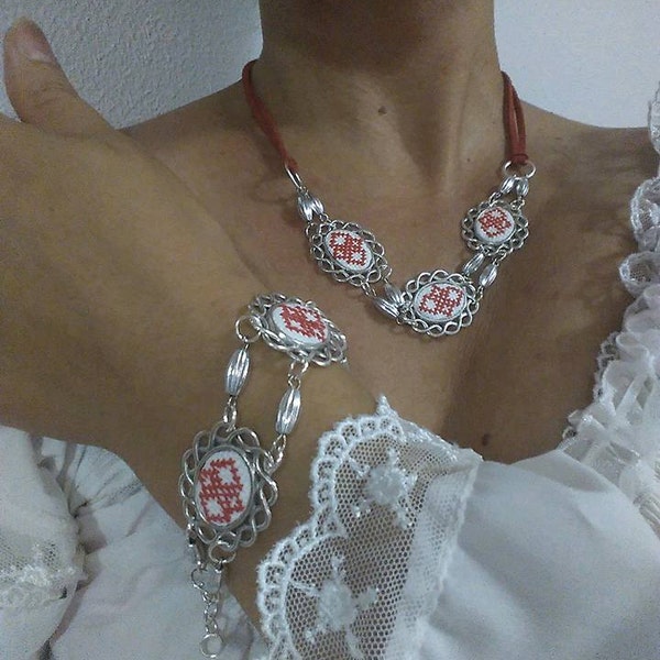 Folk Romanian embroidery Bracelet and Necklace Micro Embroidered Jewelry Set Mother's Day Gift for Her Cross Stitch Jewelry Set