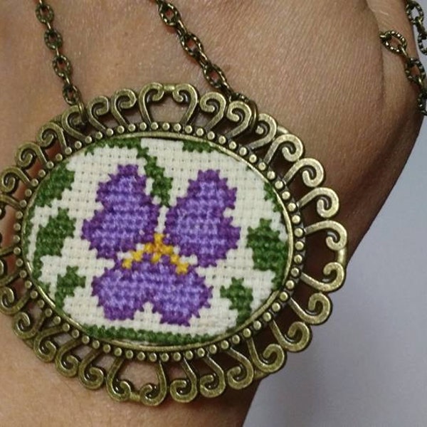 Pansies Flowers Embroidered Necklace Cross Stitch Micro Embroidered Jewelry Pendant Violet Pansies Spring Jewelry Gift for Her Mother's Day