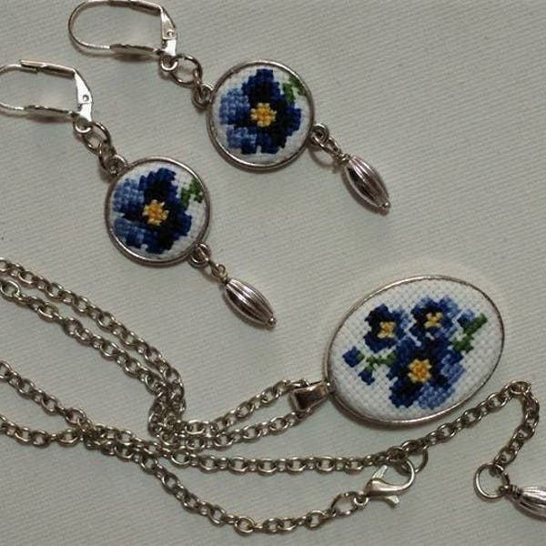 Blue Flowers Dangle Earrings and Necklace Cross Stitch micro Embroidered Jewelry Set Blue Romantic Gift Girlfriend Gift Christmas Gift