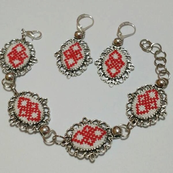 Red Dangle Earrings Red Romanian Embroidery Ethno Style Cross Stitch Micro Jewelry Set Red Embroidered Bracelet Gift for Her