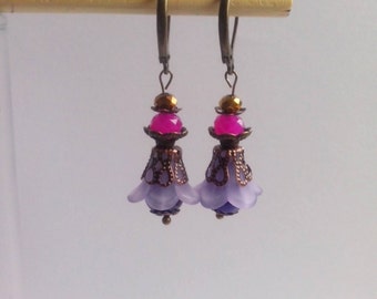 Purple Flower Earrings Lucite Flower Earrings Romantic Jewelry Purple and Bronze Earrings Girlfriend Gift Mother's Day Gift Valentine's Day