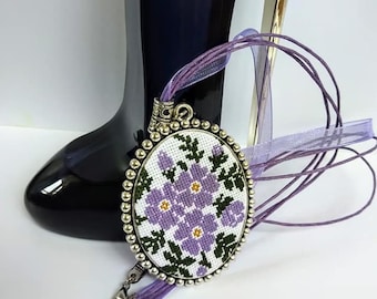 Medallion; gift for her;necklace; flower pendant;purple flowers;handmade embroidery,wedding jewelry, tiny embroidery