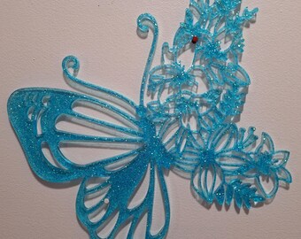 Handmade Resin Art 14" Blue-Teal Butterfly Suncatcher / Window Hanging / Butterfly Wall Decor