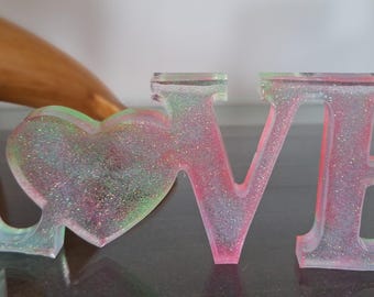 8" Handmade Resin Art Glittery LOVE Freestanding Decorative Sign / Bookshelf sign, Gift for Her, Wedding Gift