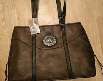 Vintage 2000's Tony Lama Brown Leather Satchel Bag / HandBag / Conchos / Turquoise