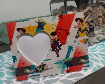 Toy Story Inspired Rustic Decoupage Wood Heart Picture Photo Frame / Birthday Frame