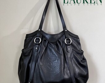 Vintage Lauren Ralph Lauren Crown Logo LXVII Black Leather Satchel Bag / Red Lining