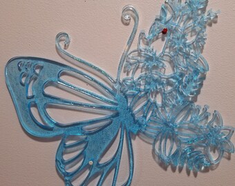 Handmade Resin Art 14" Light Blue Butterfly Suncatcher / Window Hanging / Butterfly Wall Decor