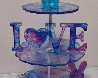 Hand Crafted Elegant Hand Crafted Pink & Blue Tie Die Resin Art Cupcake Stand / Dessert Stand / Wedding Stand