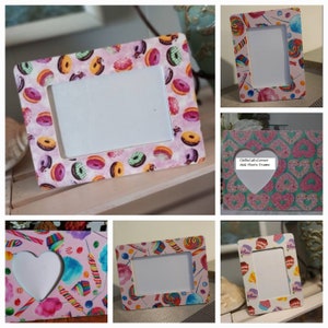 May include: Set of five 4x6 inch photo frames with different colorful designs. The frames feature donuts, candy, and hearts.