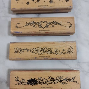 1997 Set of 4 - 4 1/2&quot; inch Heart Floral Leaves Bird Nest Snowflake Border Used Wood / Rubber Stamp