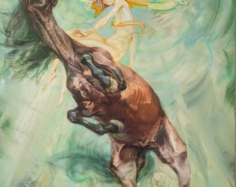 May include: An oil painting depicts a rearing brown horse with a rider. The rider is a nude figure with flowing blonde hair and a white hat. The background is a blend of green and blue brushstrokes, creating a dreamy atmosphere.