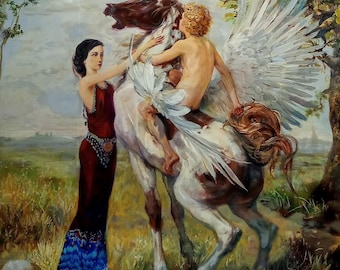 May include: An oil painting depicts a mythological scene. A winged horse, with brown and white markings, is ridden by a nude figure. A woman in a red dress stands nearby, and a dog is in the foreground. The artwork has a classical style.