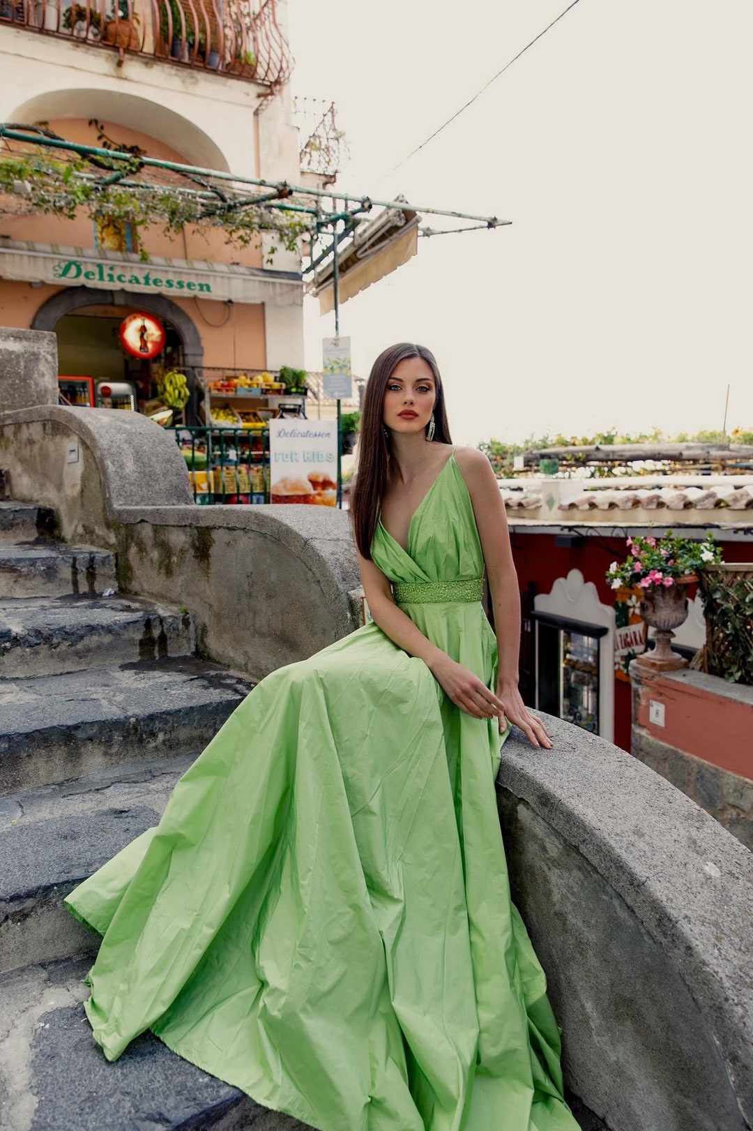 Elegant Strapless Green Taffeta Prom Dress with Sequins, Green Party Dress with Beadings