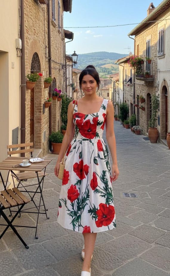 fitted lace wedding dress Red Dress | Poppy Red & Pink Cotton V-Neck Midi Dress main image 1