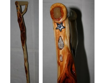Tall Wooden Cane, Inlaid Spalted Willow, Heavy Duty Bariatric, 21 Wood Diamonds, Sturdy Braced Handle,44''We CAN SHORTEN,Can Personalize,USA