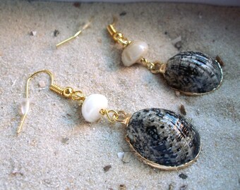 Shell earring with mother of pearl, anthracite grey spotted, gold coloured, sea shell, sea ocean beach coast, ooak, also ear clips