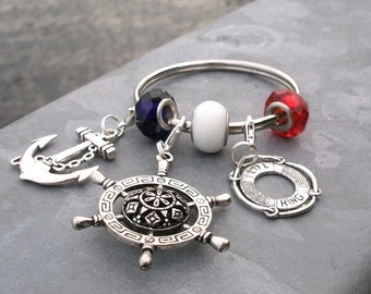 Key ring 5 cm diameter, steering wheel, lifebuoy, anchor, silver-coloured, glass blue red white, maritime nautical, seafaring, ship