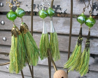 Tassel earring, May green, silk, bronze silver gold color caps to choose from, also as ear clips