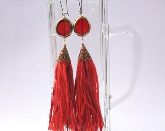 Red tassel earring, textile tassel, vintage look, old looking, bronze framed glass bead, boho, steampunk gothic, also as ear clips