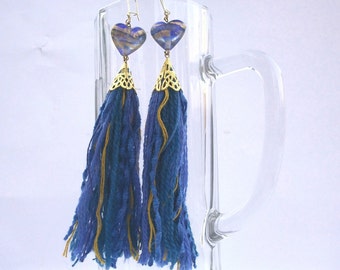 Tassel earring, blue gold colored, textile tassel, glass heart, fine yarns from hand weaving, steampunk, boho, also as ear clips
