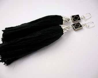 Tassel earrings in black silver colour, textile handmade tassel, vintage look, boho hippie steampunk, tassel earring, as ear clip