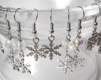 Christmas earring snowflake 7 8 9, silver metal, glittery shimmering glass, white Christmas, winter snow, also as ear clips