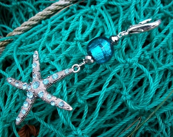 Starfish keychain pocket charm with blue rhinestones silver-colored starfish with blue glass bead and jewelry carabiner