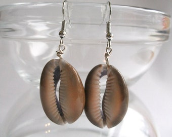 Cowrie shell earring, dark cowrie shell, surfer jewelry, silver-colored ear hook, also as ear clips