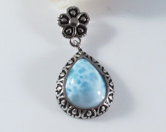 Unique Larimar  filigree pendant,  Gift for her, .925 sterling silver, beach jewelry, sealife jewelry, Healing gemstone