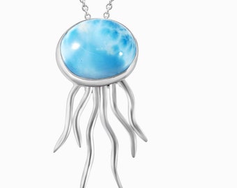 Larimar Jellyfish Pendant, Sterling Silver, Natural Larimar, Fine Handcrafted Jewelry