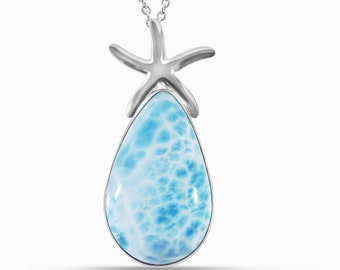 Larimar Starfish Pendant Harper | 2.5 inches|  large stone | 925 Sterling Silver | Dominican Handcrafted jewelry by Larimar Magic.