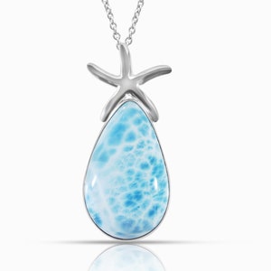 Larimar Starfish Pendant Harper | 2.5 inches|  large stone | 925 Sterling Silver | Dominican Handcrafted jewelry by Larimar Magic.